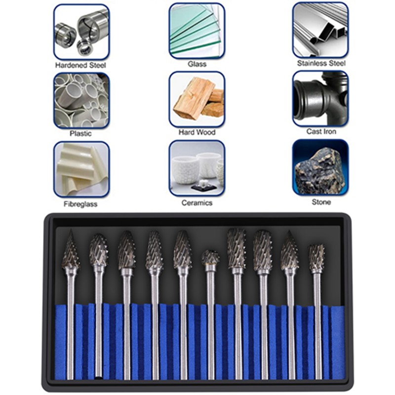 10pcs Tungsten Carbide Steel Rotary Files Burr Set 3mm Shank