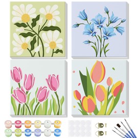 Flowers Paint by Number for Adults Beginners and Kids, 4 Pack DIY Adult Paint by Number Kits on Canvas Framed, Color by Numbers Acrylic Oil Painting Number Kits Crafts for Home Wall Decor 8x8inch