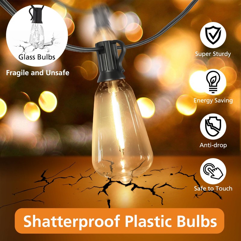 Brightever Dimmable Outdoor String Lights with Remote, 3 Colors in