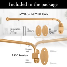 MERIVILLE 24"-38" Swing Arm Curtain Rod, 1/2" Diameter, Gold, 2 Pieces