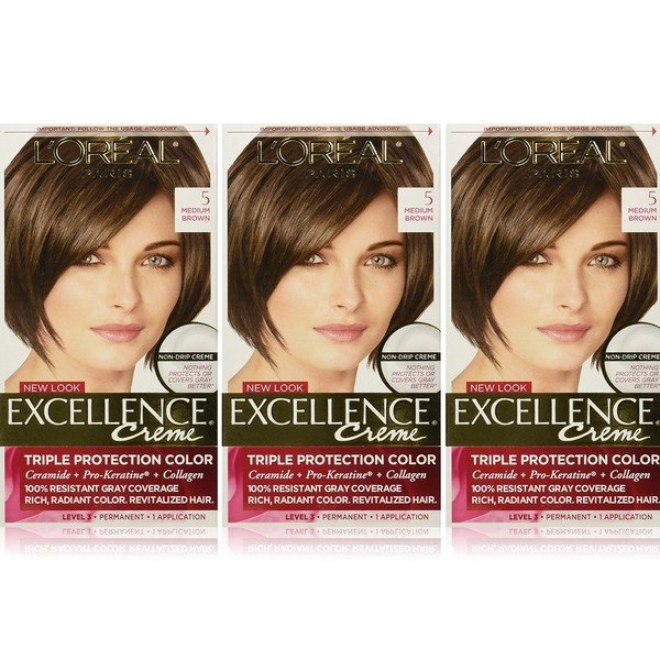 L'Oreal Paris Excellence Creme Permanent Hair Color, 5 Medium Brown, 100 percent Gray Coverage Hair Dye, Pack of 3