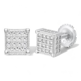 MOISSANITE 3D Cube Earrings – 925 Sterling Silver Iced Out 6mm Studs – VVS D Color Stones – Pass Diamond Tester – Hip Hop Men’s Stud Rap Earrings