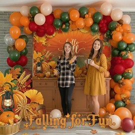 Fall Thanksgiving Balloons Garland Arch Kit dark green Ruby red Sand White Orange Balloons with artificial maple leaf and backdrop for Little Pumpkin Baby Shower Harvest Birthday decorations