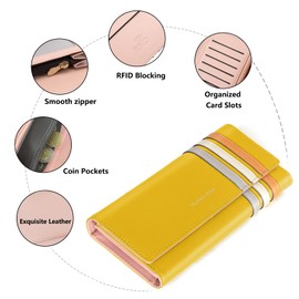 Womens Wallet, RFID Blocking Leather Wallet with Multiple Card Slots and Cellphone Compartment for Women, Yellow