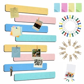 Vuzvuv 8 pcs Bulletin Board Bar Strips with 50 Pushpins & 10 Wooden Clip pins，Self Adhesive Cork Board for Wall，Felt Pin Board for School，Office Decor(Cream Multi-Color)