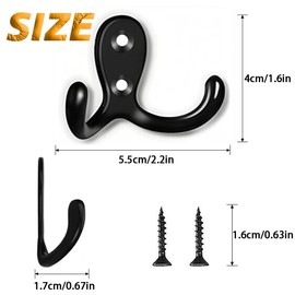 PAIDASHU 6-Pack Double Coat Hooks, Metal Hooks, Wall-Mounted Coat Hooks with Screws for Hanging Clothes, Hats, Towels, Keys, Kitchenware, for Living Room, Bedroom, Bathroom, Kitchen (Black)