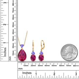 Gem Stone King 18K Yellow Gold Plated Silver Red Created Ruby and Blue Tanzanite Pendant Earrings Jewelry Set For Women (20.20 Cttw, Pear Shape 18X13MM, with 18 Inch Chain)