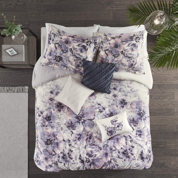 Madison Park 100% Cotton Comforter Set - Feminine Design Colorful Floral Print, All Season Down Alternative Bedding Layer and Matching Shams, California King (104 in x 92 in), Enza, Purple 7 Piece