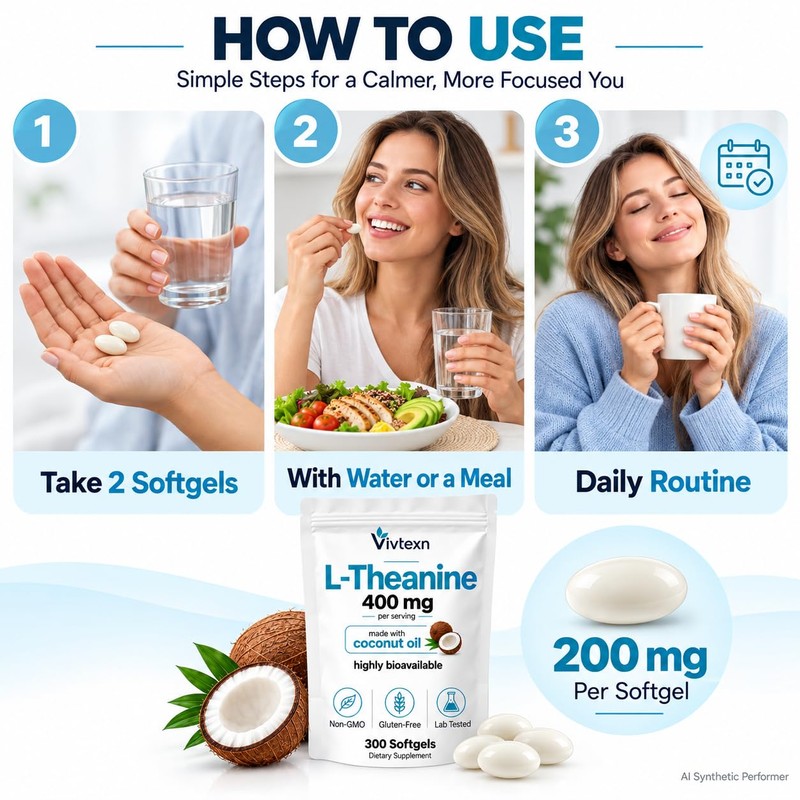 L-Theanine 400mg Supplement, 300 Softgels, L Theanine Softgels for Calm