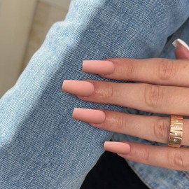 Matt Nude Press On Nails Medium Long Square KXAMELIE Pure Solid Colours Press on Nails Coffin Nails for Sticking Acrylic Nude False Fingernails Natural, DIY Professional Nail Salons