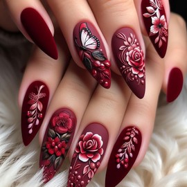 Wine Red Press on Nails Medium Almond Fake Nails with Rose & Butterfly Design Full Cover Matte False Nails Reusable Stick on Nails Rhinestones Press on Nails for Women Girls Nail Art Decoration 24Pcs
