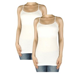 Fashiondio Women Basic Built in Inner Bra Extra Long Spaghetti Cami Adjustable (Large, White, White)