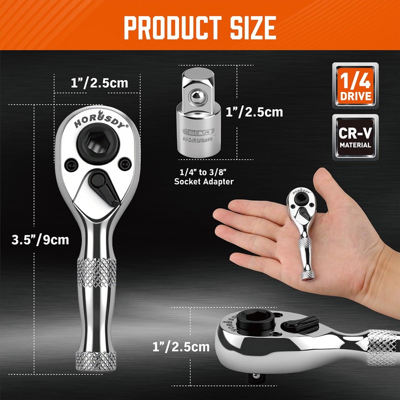 HORUSDY 1/4-Inch Stubby Ratchet Wrench Set, Chrome Alloy 90-Tooth Reversible