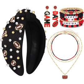 Game Day Headband for Women Football Charm Headband Pearls Crystal Knotted Headband Game Day Sports Hair Accessories Football Party Decorations Black Spirit Headband