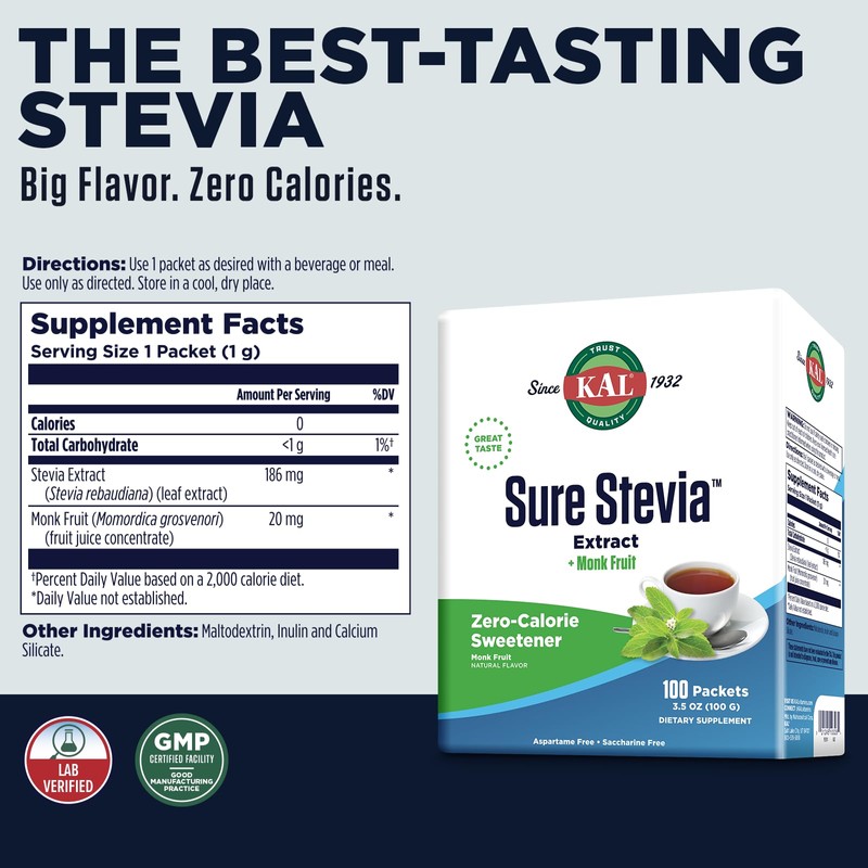KAL Sure Stevia Plus Monk Fruit Sweetener - Great Tasting,