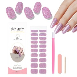 WOKOTO Semi Cured Gel Nail Strips, Glitter Pink Gel Nail Polish Stickers Full Nail Wraps For Women, Easy to Apply&Remove, Nail Polish Strips With Nail File & Wood Stick (UV/Led Lamp Required)