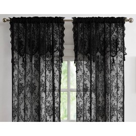 LinenZone Pair of 2 Lace Curtain Panels with Attached Valance and 6 Tassels. Sheer Lace Curtains for Living Room, Dining Room, Bedroom or Kitchen. Classic English Rose Design. (Luna 54 x 63, Black)
