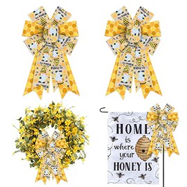 Estivaux 2 Pieces Bumble Bee Bows for Wreath, Happy Bee Wreath Bows Yellow Burlap Bows Spring Holiday Bows Honey Gnomes Craft Bows for Front Door Spring Birthday Party Farmhouse Decorations