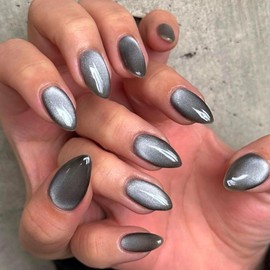 KQueenest Grey Black Cateye Press on Nails Short Almond Glazed Glitter False Nails Short Stiletto, Shiny Bling Acrylic Fake Nails Set Sparkly Stick on Nail for Women Holiday Finger Decoration 30 Pcs