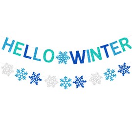 PTFNY Glittery Hello Winter Banner White Blue Winter Banner Snowflake Banner Winter Wonderland Baby Shower Decorations Christmas Winter Holiday Party Decorations