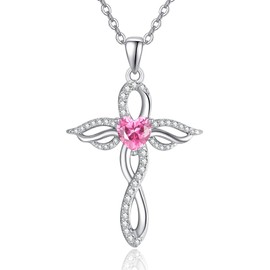 TANGPOET Angel Wings Necklace for Women 925 Sterling Silver Guardian Angel Pendant, Heart Cross Birthstone Chain, Birthday Jewellery Gifts for Her, Sterling Silver