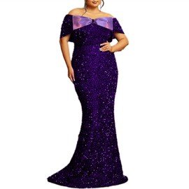 dasmzper Women's Sexy Off Shoulder Short Sleeve Sequin Floor Length Bodycon Cocktail Evening Gown Party Maxi Dress Purple