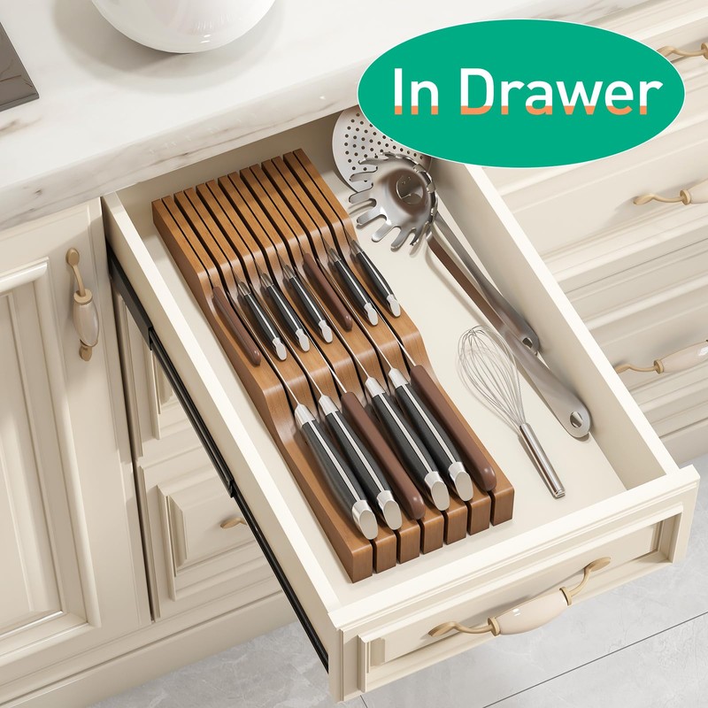 Knife Drawer Organizer, Bamboo Wood Knife Organizer Drawer Insert, Brown