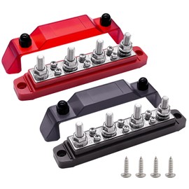 Ampper Power & Ground Distribution Block Bus Bar, 4 x 5/16" (M8) Studs, 6 x #8 (M4) Terminal Screws, 6.3" 12V 200A Battery BusBar with Cover for Auto, Boat and Solar (Red & Black)