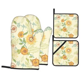 Vintage Groovy Flower Oven Mitts and Pot Holders Set of 4 Yellow White Florals Heat Resistant Potholders Non-Slip 4pcs Hot Pads and Oven Gloves Green Leaf Plants Kitchen Mittens for Kitchen Baking