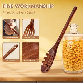 Wooden Utensils for Cooking, 5Pcs Natural Teak Wood Kitchen Utensils Set, Non-Stick Wooden Cooking Utensils Set, Heat-Resistant Kitchen Tool Set with Wooden Spoon, Spatula, Pasta Server, Skimmer