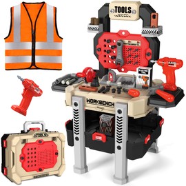 Toddler Tool Bench Set, 79pcs Pretend Construction Toy Set with Drill for Kids Workbench Playset, Tool Bench for Kids Ages 3-5 Years Old, Storage Box for Boys, Perfect Birthday (Red)
