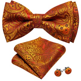Barry.Wang Men's Paisley Silk Pre-tied Bow Tie Set Pocket Square and Cufflinks for Weddings and Formal Events