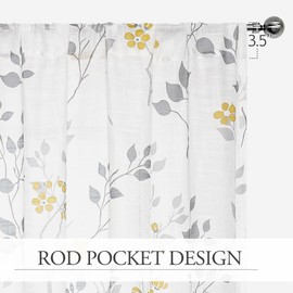 Beauoop Floral Linen Semi Sheer Curtains 96 Inches Long 2 Panels for Living Room Bedroom Yellow Grey Farmhouse Flower Patterned Light Filtering Textured Rod Pocket Window Treatments Drapes, 50x96