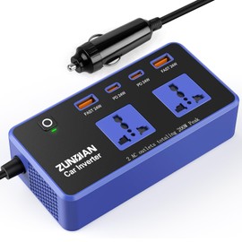 ZunDian 200W Car Power Inverter Blue, DC 12V to 220V AC with PD 24W/ QC 24W Quick Charge, Power Inverter for Vehicles, Car Office Working, Camping, Road Trip
