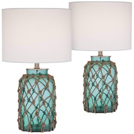 360 Lighting Crosby Cottage Nautical Accent Table Lamps 22.5" High Set of 2 Coastal Blue Green Rope Net Off White Drum Shade Decor for Living Room Bedroom House Bedside Nightstand Home