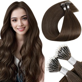 LaaVoo Nano Bead Hair Extensions Human Hair Medium Brown Nano Ring Hair Extensions Silky Straight Brown Nano Hair Extensions Human Hair Cold Fusion 24 inch 50g/50s
