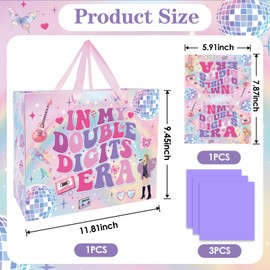 INCOK Large 10th Birthday Gift Bag, In My Double Digits Era Party Favors Bags with Tissue Paper and Greeting Cards, Music Merch Gifts for Girls 10th Birthday Party Decorations, 11.81x9.45x5.31inch