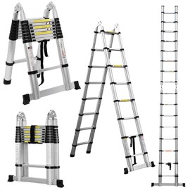 16.4 FT Telescoping Ladder, Dual Purpose Aluminum Telescopic Ladder with Stabilizer Adjustable and Non-Slip Feet, Compact Extension Ladder 330lbs Max Capacity Folding Ladders for Household (2.5m+2.5m)