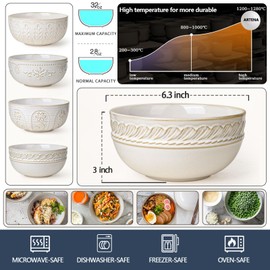 Artena Soup Bowls 32 OZ, Cereal Bowls Set of 4, Embossment Ceramic Ramen Bowls, 6.3 Inch White Salad Bowls, Large Dinner Bowls for Pho, Noodle, Pasta, Snacks, Dishwasher Microwave Safe, Willow Leaf