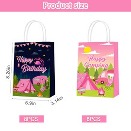 16pcs Pink Camping Paper Gift Bags Camping Girl Camping Birthday Treat Bags with Handles Forest Bear Candy Goodie Bags for Baby Shower Party Supplies