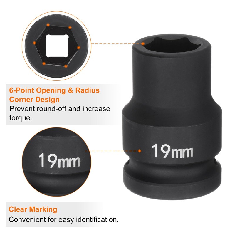 sourcing map 6-Point Impact Socket 3/4" Drive 19mm Metric 40Cr