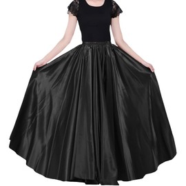 Ladies 90cm Satin Maxi Midi Skirt Long Dress Elastic Waist for Belly Dance Princess Party Cosplay Costume (Black)
