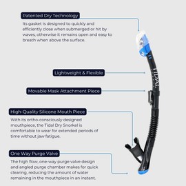 Tidal Dry Snorkel, Lightweight, Easy Breathing, for Snorkelling, Scuba Diving, and Swimming, Comfortable Mouthpiece with Dry Technology (Blue)