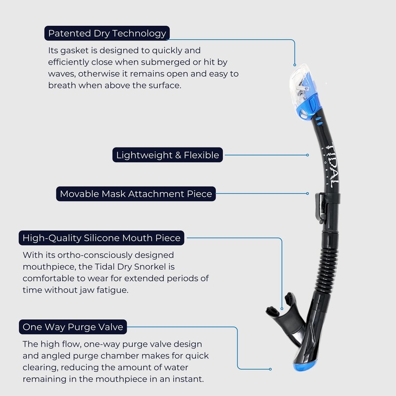 Tidal Dry Snorkel, Lightweight, Easy Breathing, for Snorkelling, Scuba Diving,