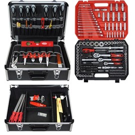FAMEX 440-51 Profi Werkzeugkoffer gefüllt mit Werkzeug Set, viele Werkzeuge Made in Germany - ERWEITERBAR - und 219-tlg. Steckschlüsselsatz 1/2", 3/8", 1/4" - Alu-Koffer groß, Werkzeugkasten
