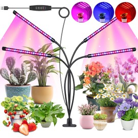 BeSokar LED Plant Lamp, Full Spectrum 6000 K, 5 Dimming Levels, Timer Function, 360° Swivel Arm, Grow Lamp with Clip (4 Arms)
