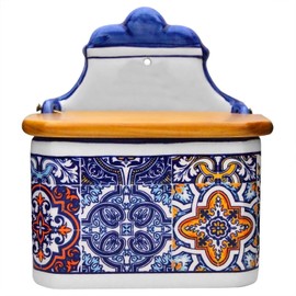 Portuguese Pottery Alcobaça Ceramic Decorative Salt Cellar with Lid for Kitchen (Blue)