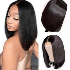 Salharer 4x4 Transparent Lace Human Hair Wig Short Bob 180% Density Unprocessed Glueless Straight Hair Pre Plucked Natural Hairline 1B Natural Black Color 10 Inch