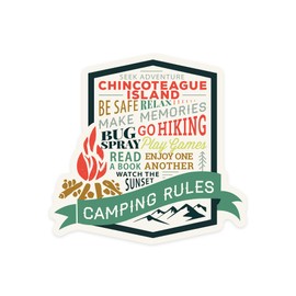 Die Cut Sticker Chincoteague Island, Virginia, Camping Rules, Typography, Vinyl Sticker 3 to 6 inches, (Waterproof Decal for Cars, Water Bottles, Laptops, Coolers), Large