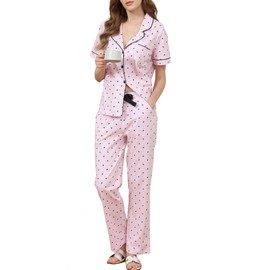 Woitury Cotton PJ Sets for Woman 2 Piece Lounge Set Short Sleeve Shirts and Pants Pink 3XL